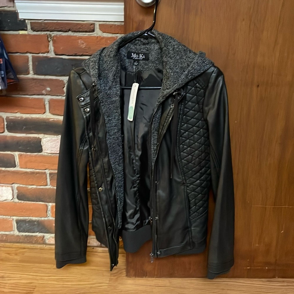 Mo Ka Mariam knit hood faux leather jacket